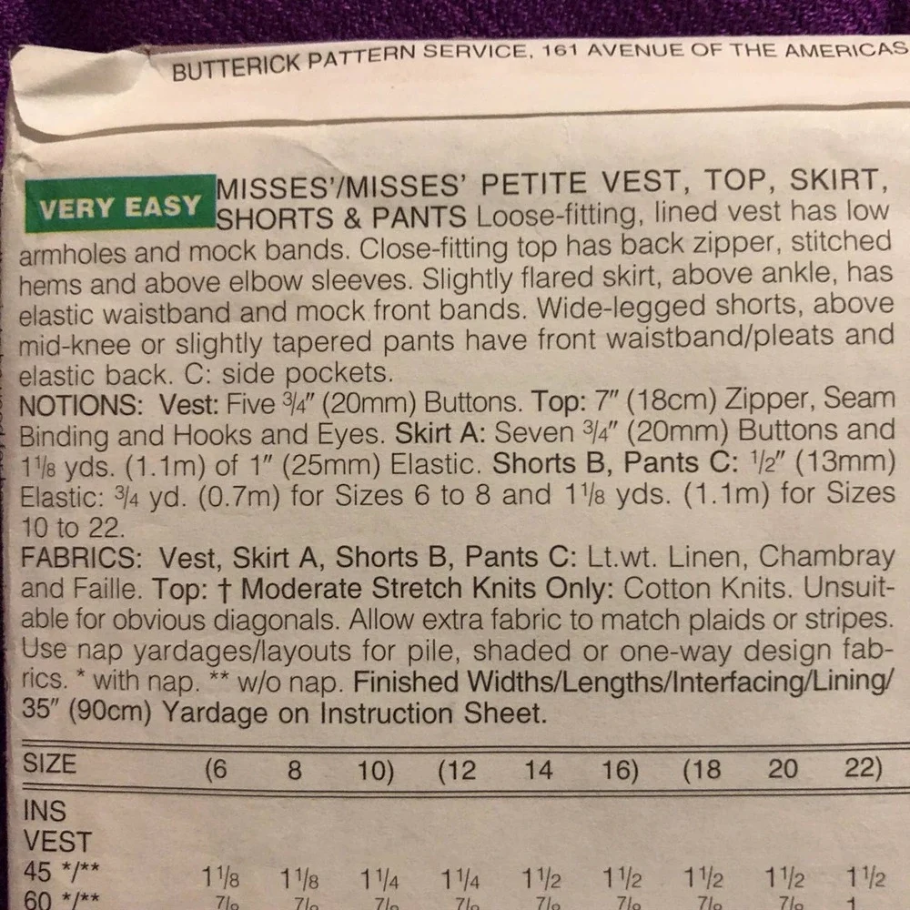 Butterick 4505 skirt vest pants pattern